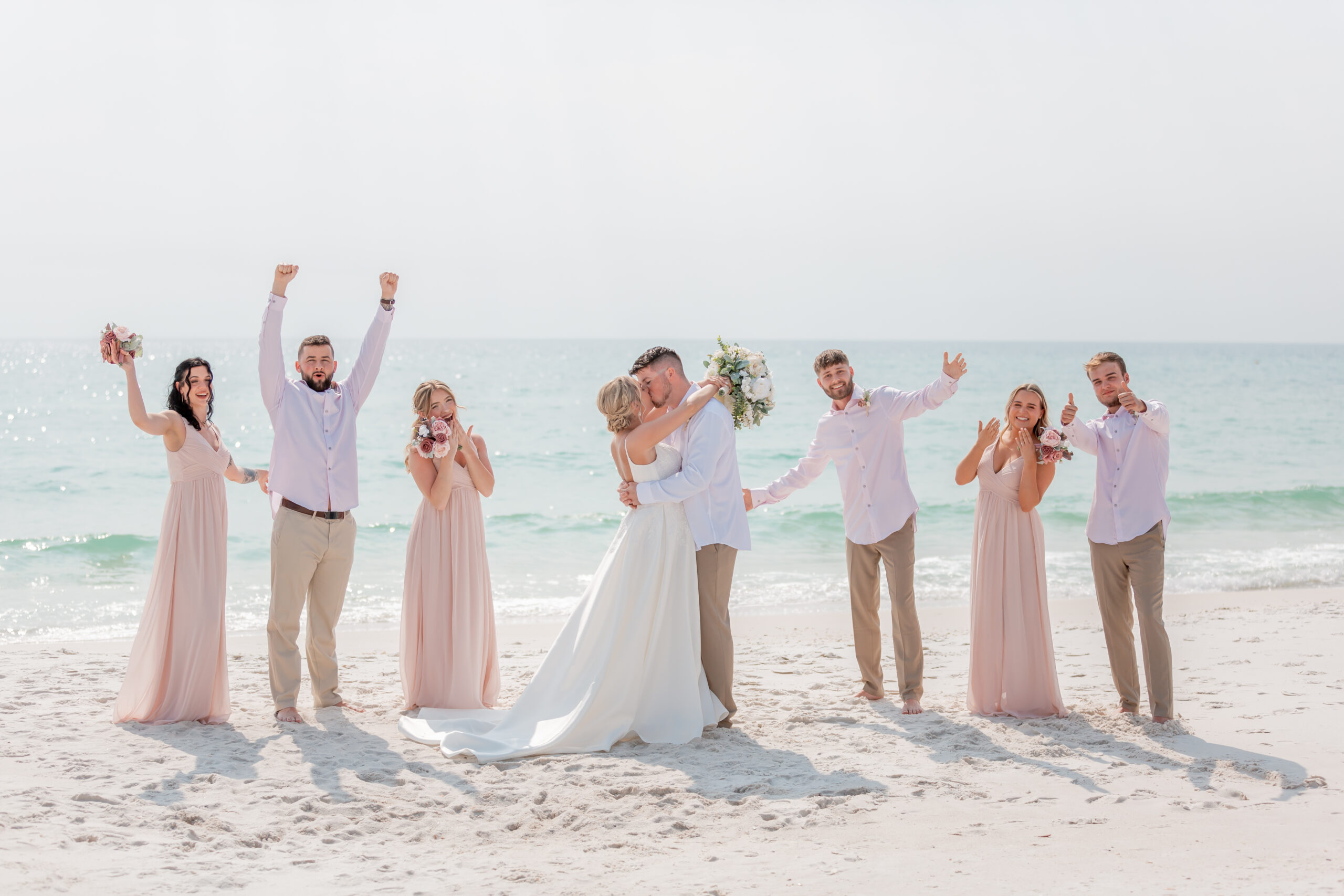 pink bridal party dresses beach wedding